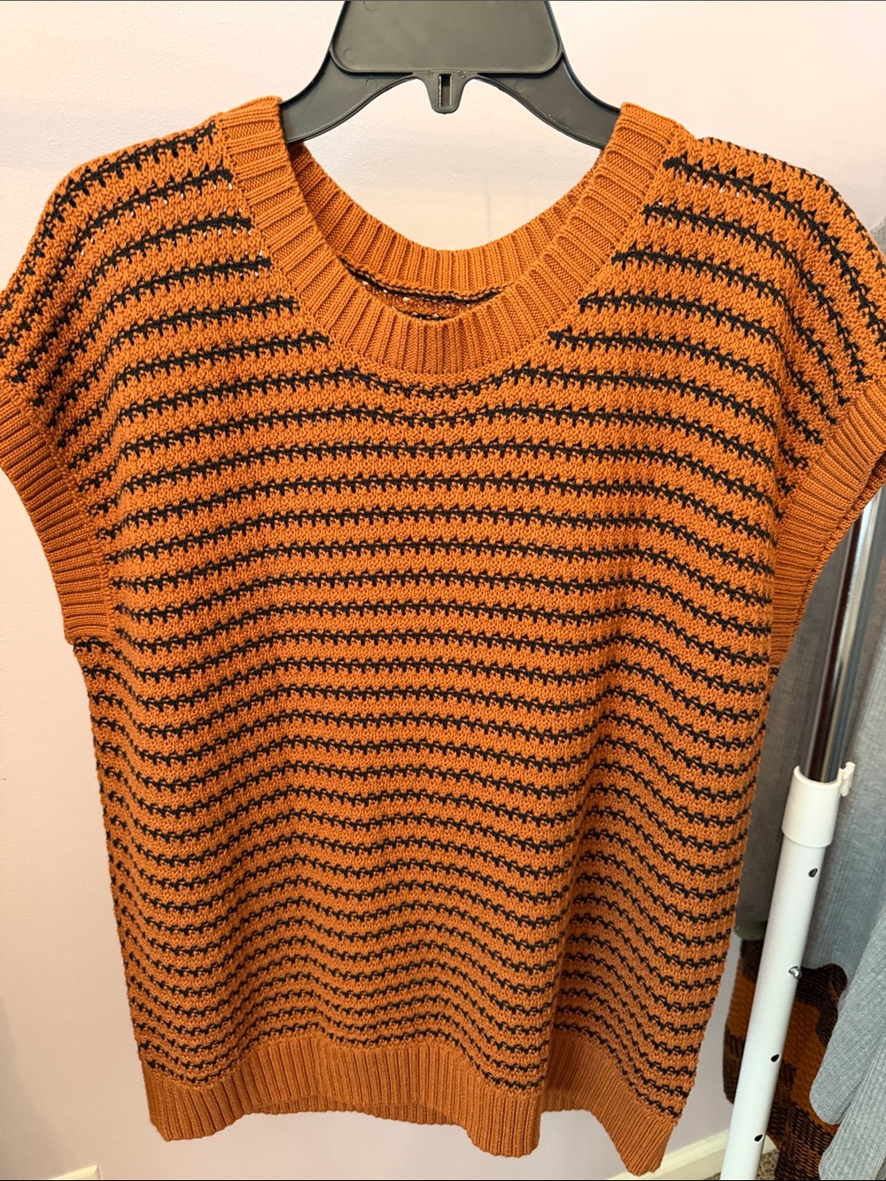 Amazon Essentials Orange and Black Striped Sleeveless Crewneck Sweater